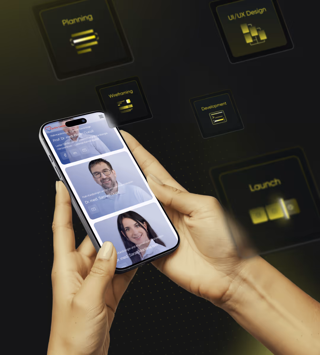 Hand hält ein Smartphone mit einer Ärzte-Webseite und um das Bild schwebende Icons für Planung, Wireframing, UI/UX-Design, Entwicklung und Start.
