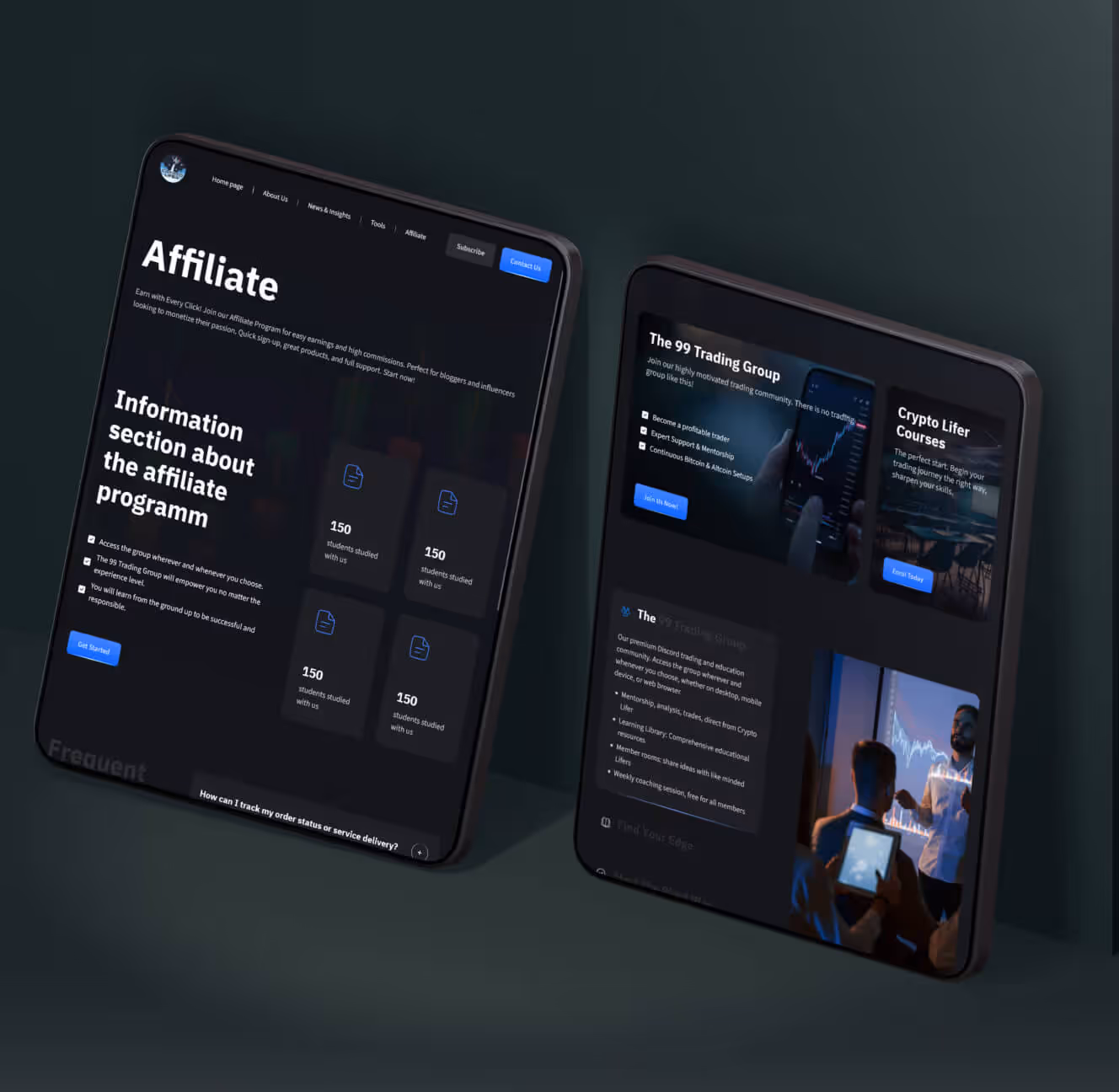 Zwei Tablets zeigen eine Website zu Affiliate-Programm, Trading-Gruppe und Krypto-Liferkursen.