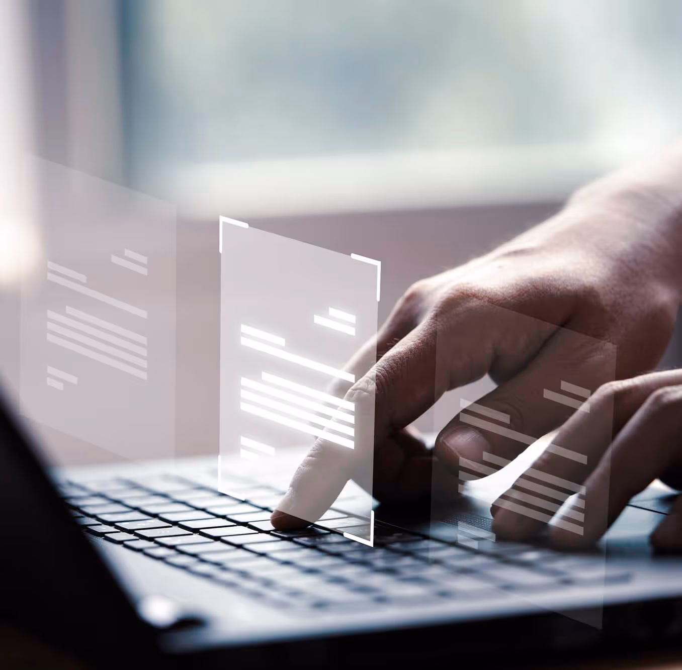 Hand tippt auf Laptop-Tastatur mit schwebenden digitalen Dokumenten darüber.