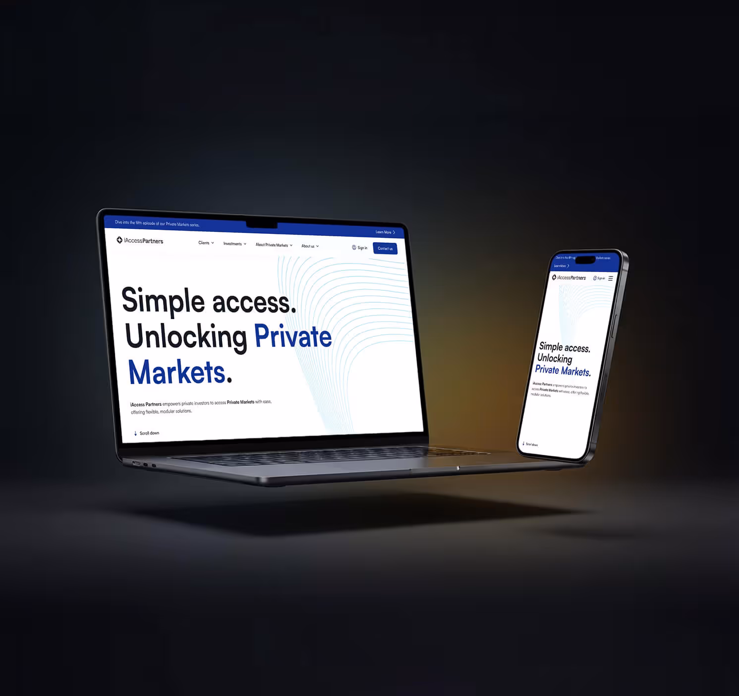 Laptop und Smartphone zeigen eine Webseite mit dem Text Simple access. Unlocking Private Markets.