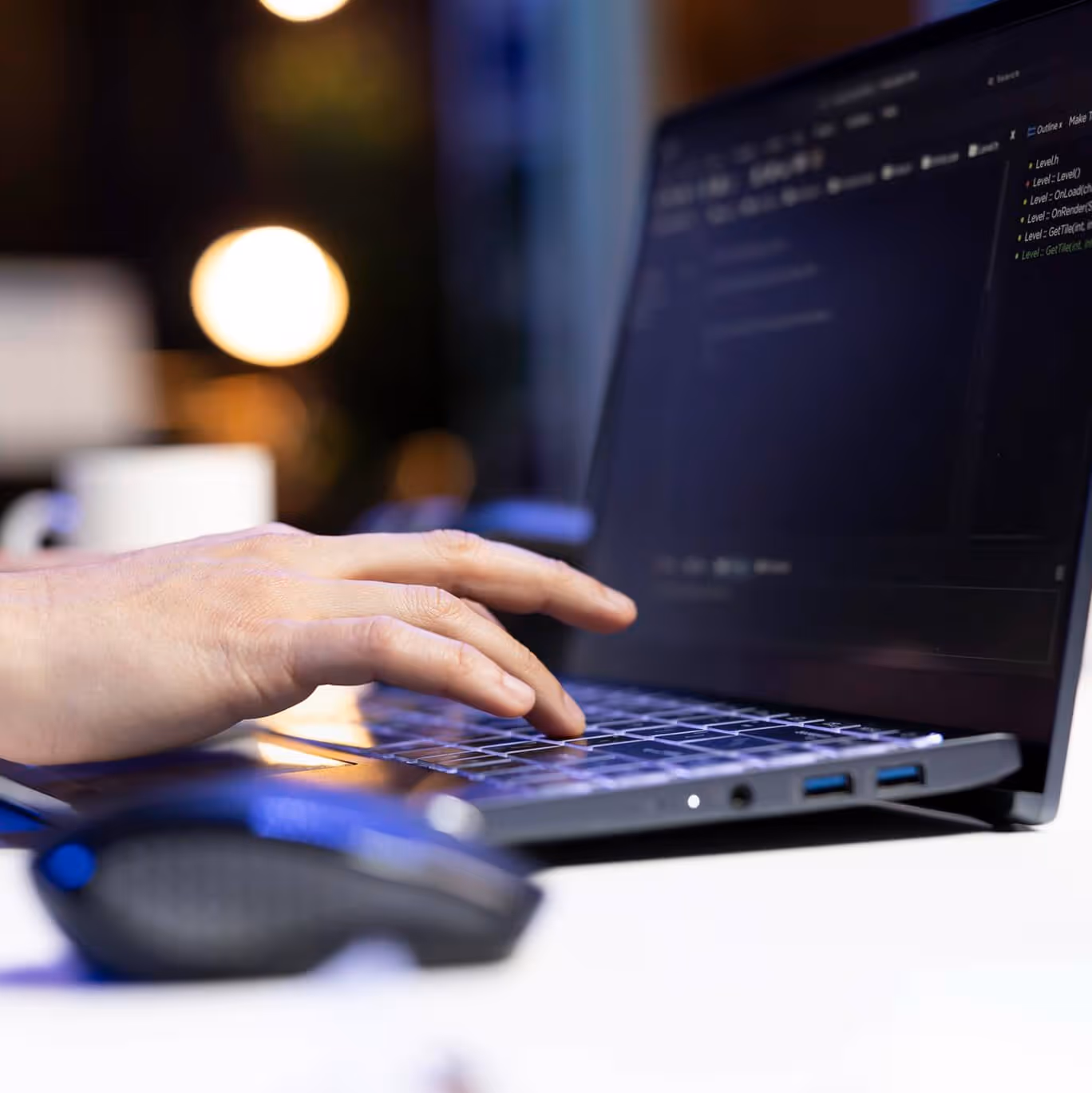 Hand typing on a laptop keyboard with code visible on the screen and a mouse nearby on desk.