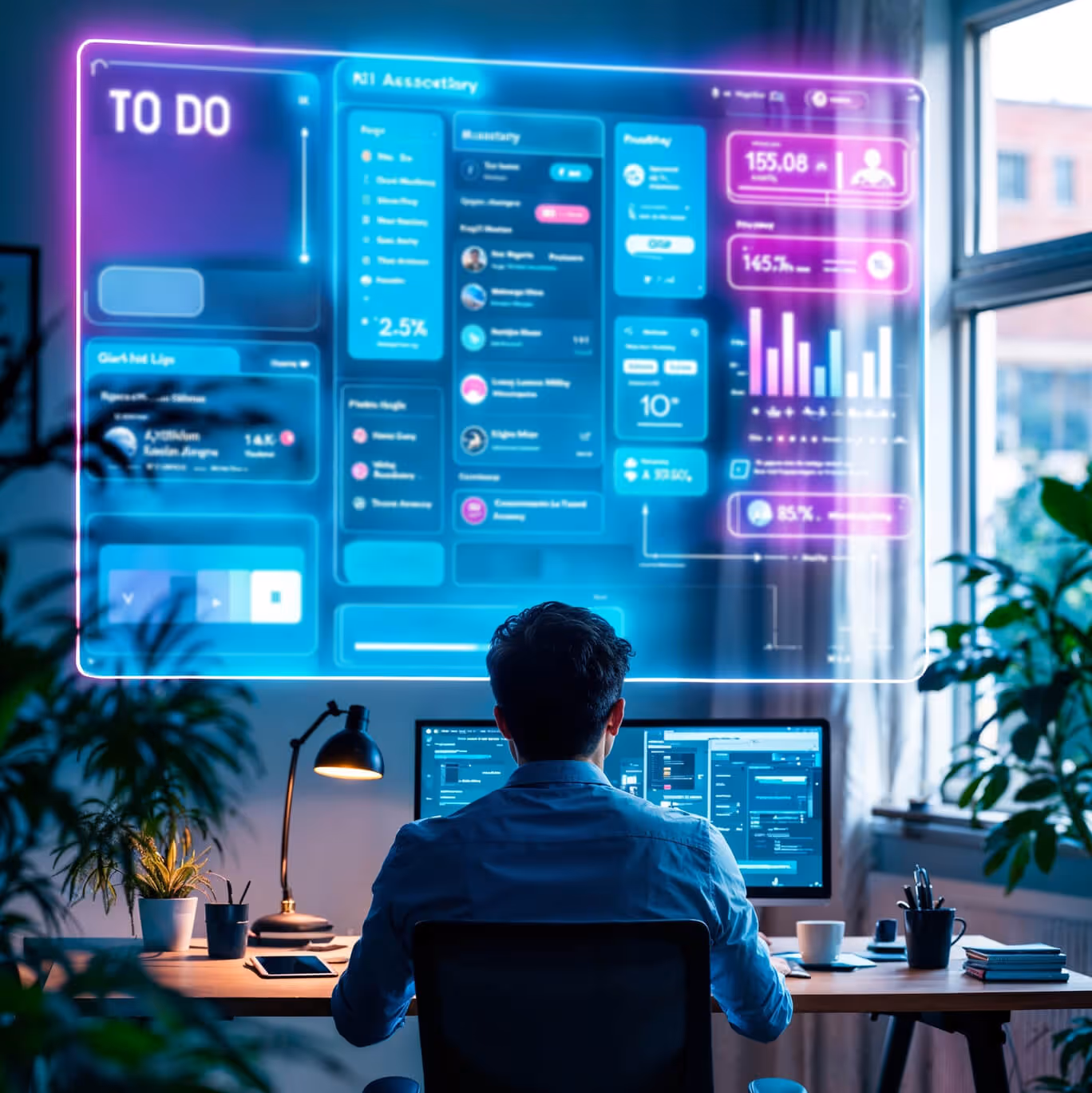 Person sitzt vor zwei Monitoren mit einer schwebenden digitalen To-Do-Liste und Datenanzeigen im Büro.