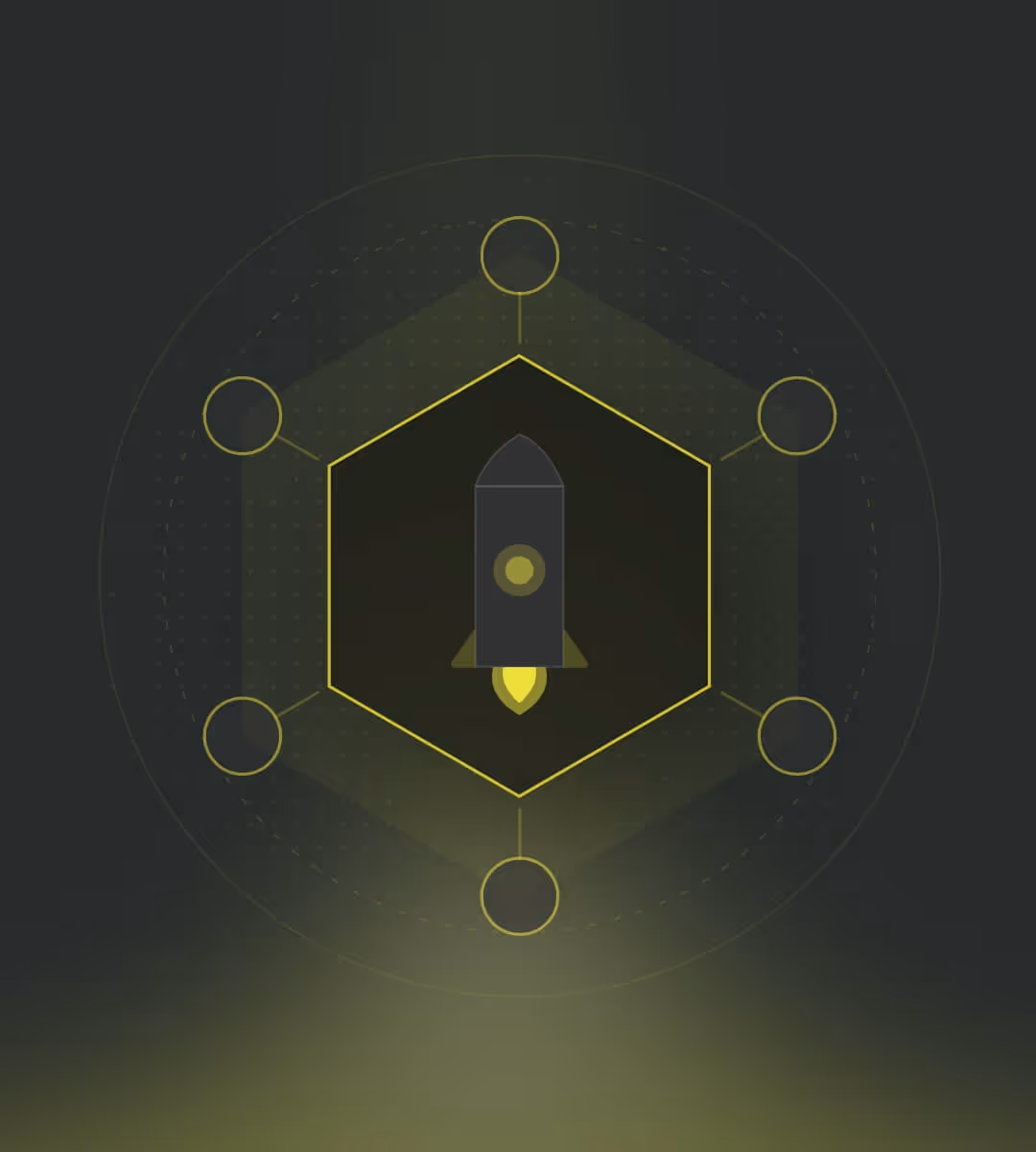 Abstrakte Grafik einer Rakete in einem sechseckigen Netzwerk mit Verbindungsstellen.