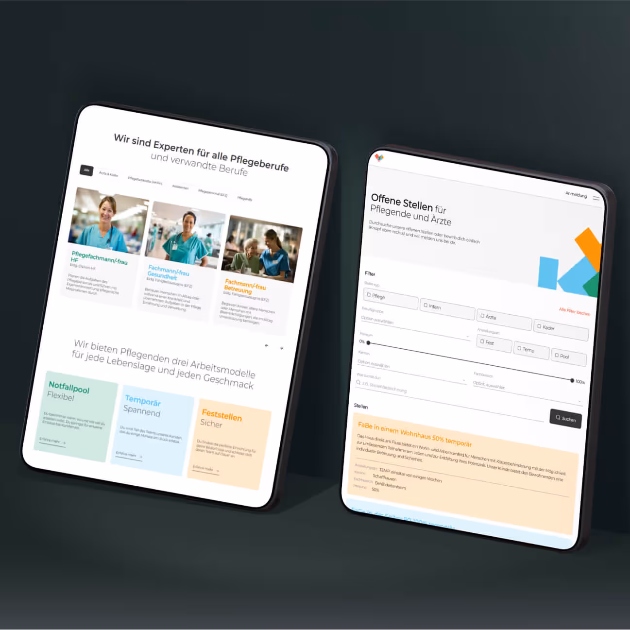 Zwei Tablets zeigen Pflegeberufe mit Experteninfos und offene Stellen für Pflegende und Ärzte.