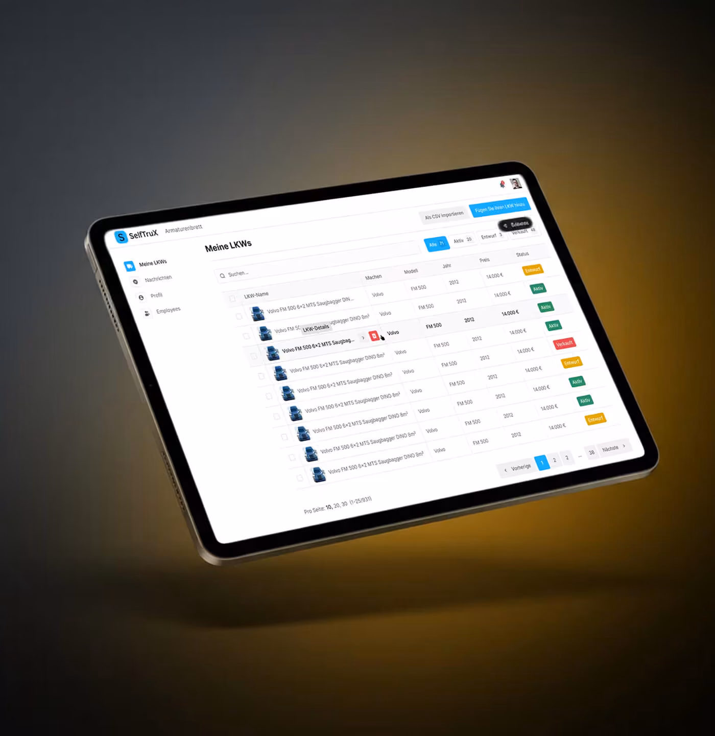 Tablet zeigt eine LKW-Verwaltungssoftware mit Liste von Volvo FM 500 Lastwagen und Statusanzeigen.