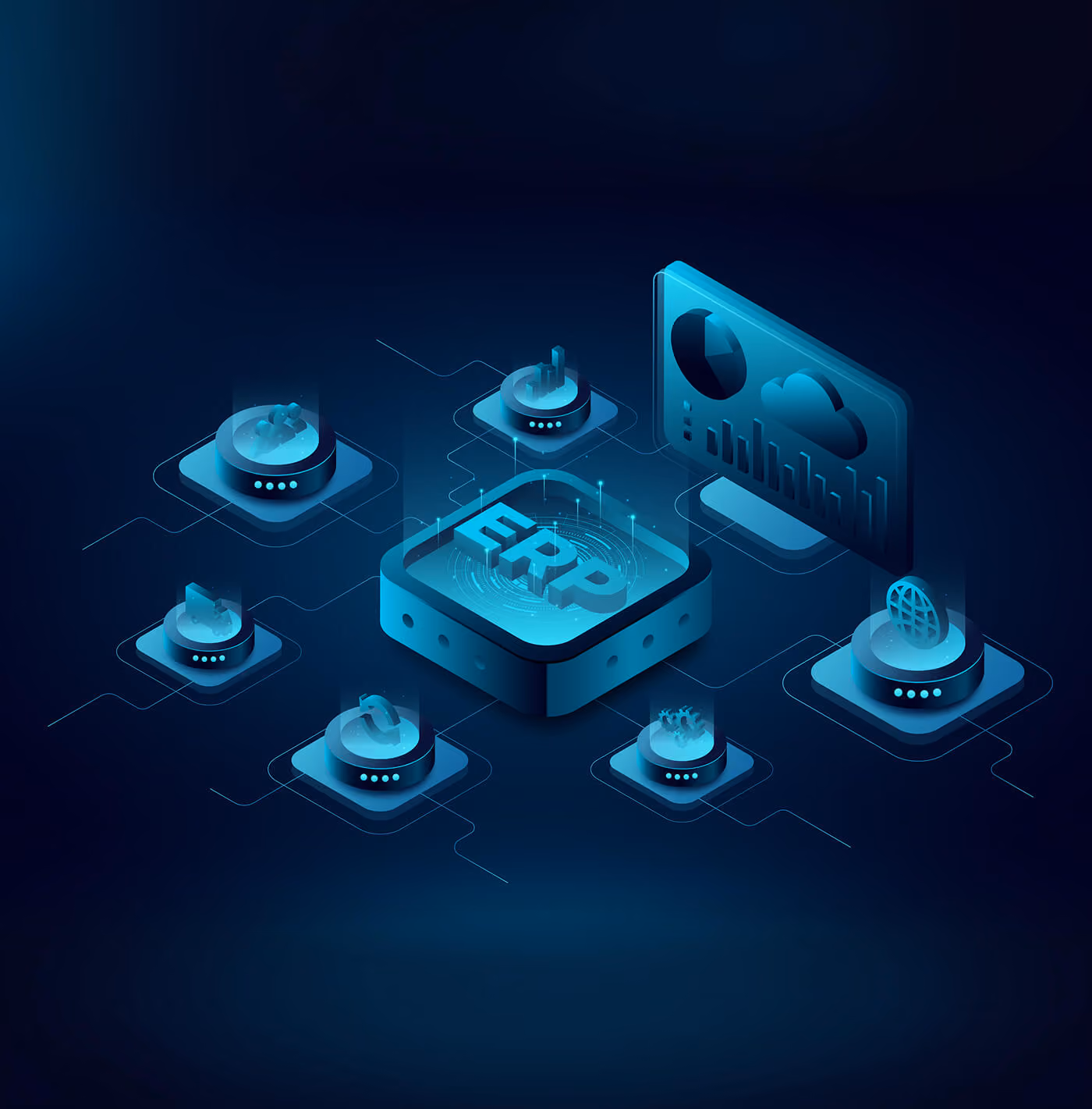 3D-Darstellung eines ERP-Systems mit vernetzten Symbolen für Datenanalyse, Globus und Cloud-Computing.