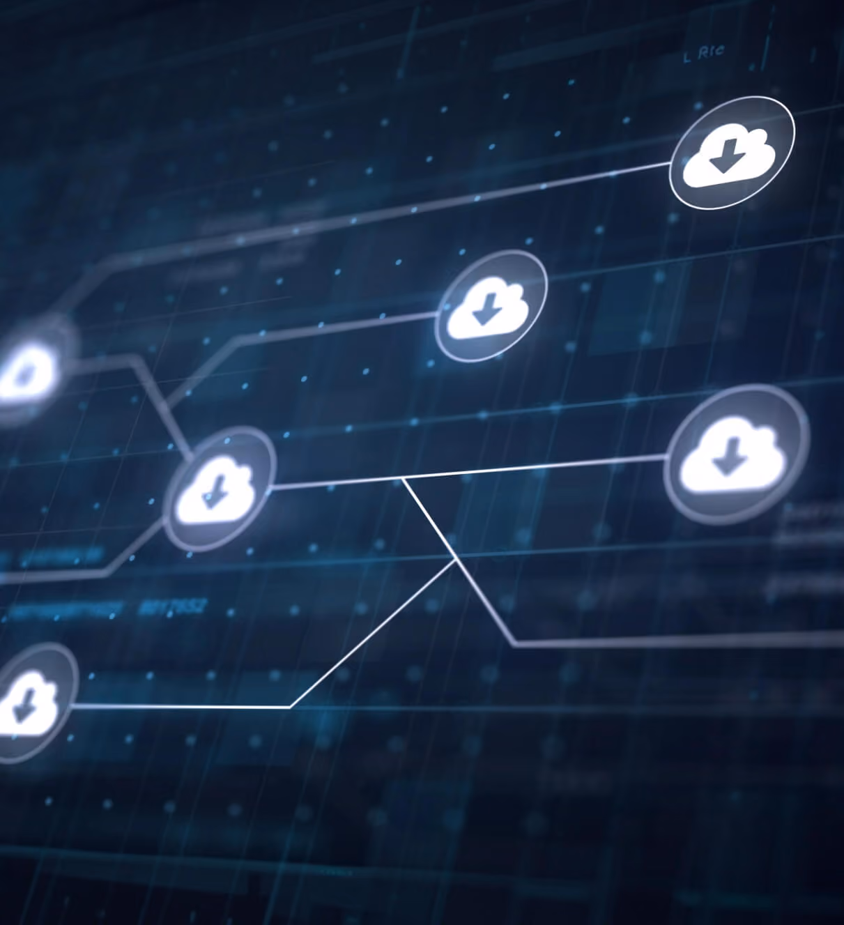 Digital network of cloud download icons connected by lines on a dark blue tech background.
