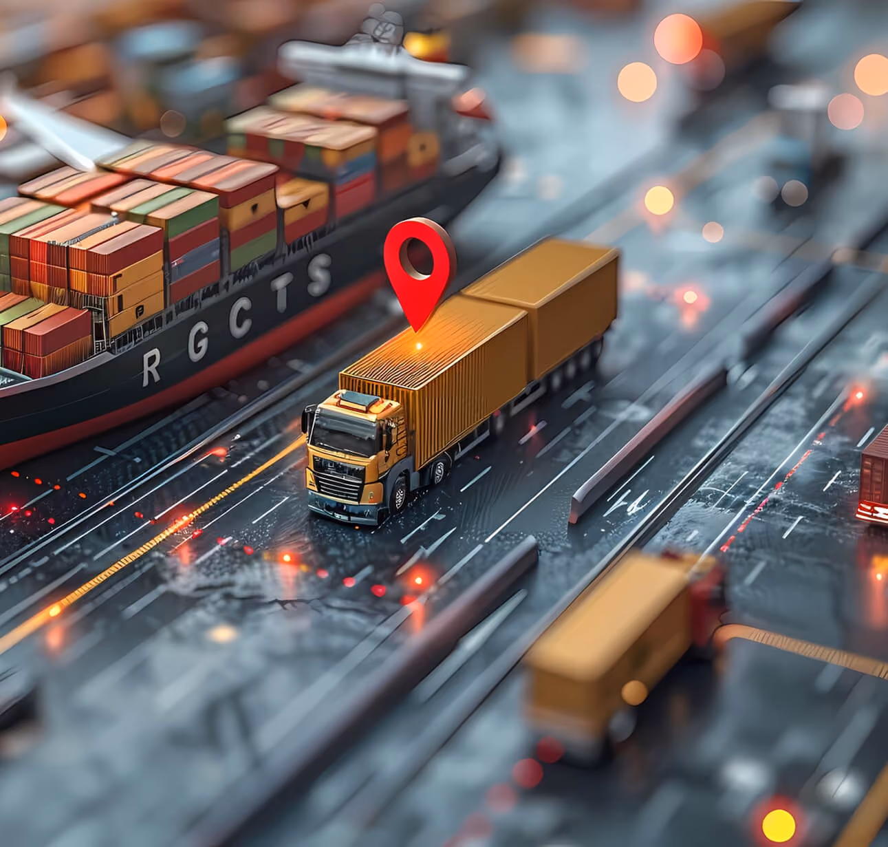 Lkw mit Container auf einer nassen Straße neben einem Containerschiff mit Standortmarker.