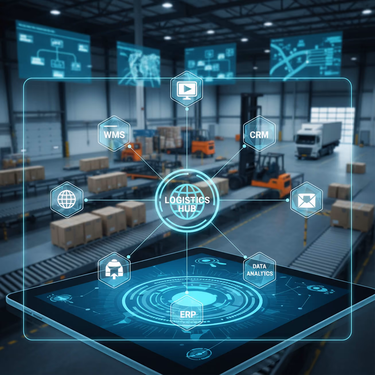 Digital logistics hub interface showing WMS, CRM, ERP, and data analytics over a warehouse background.