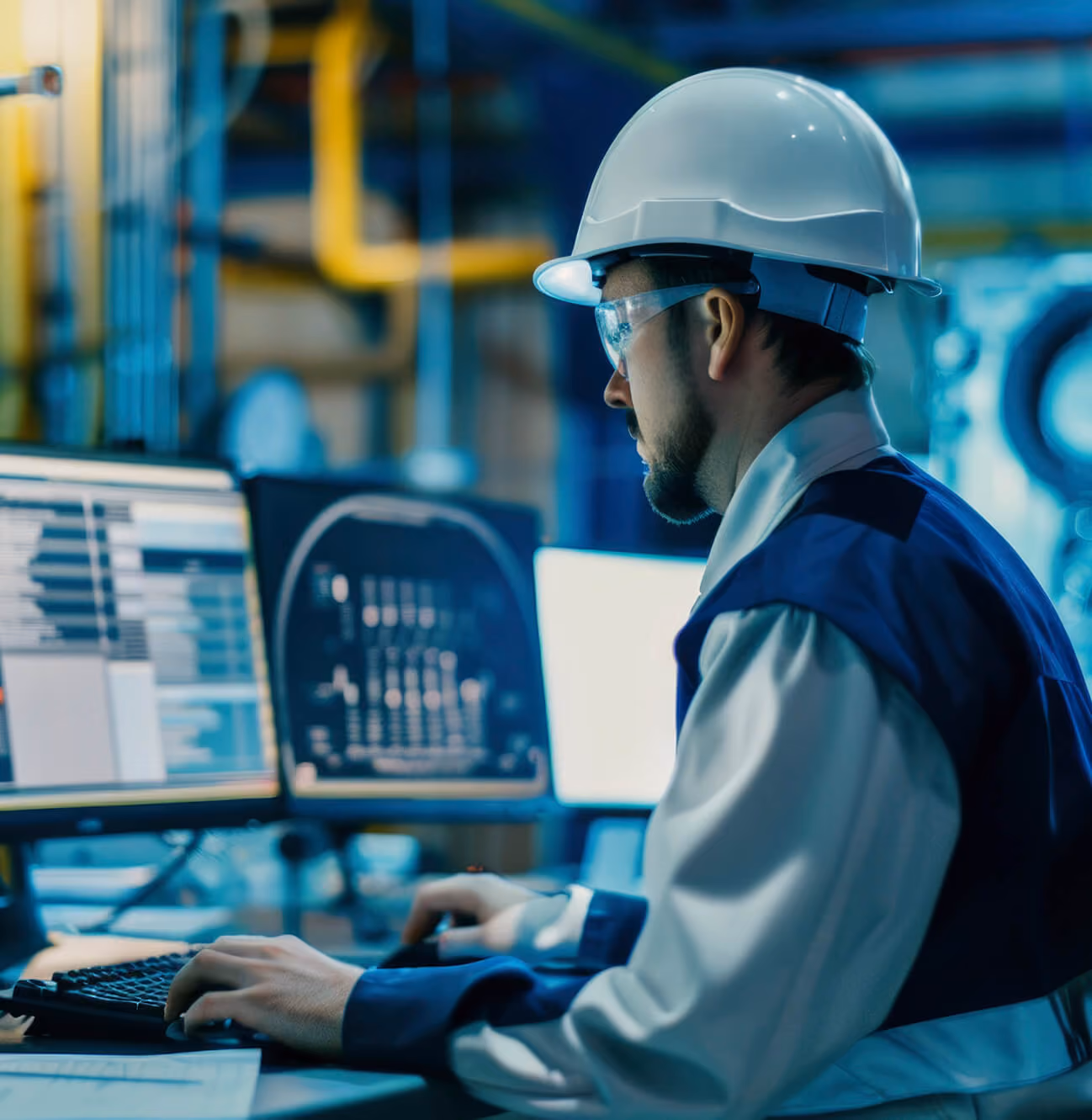 Mann mit Helm und Schutzbrille bedient Computer in einer Industrie- oder Fertigungsumgebung.