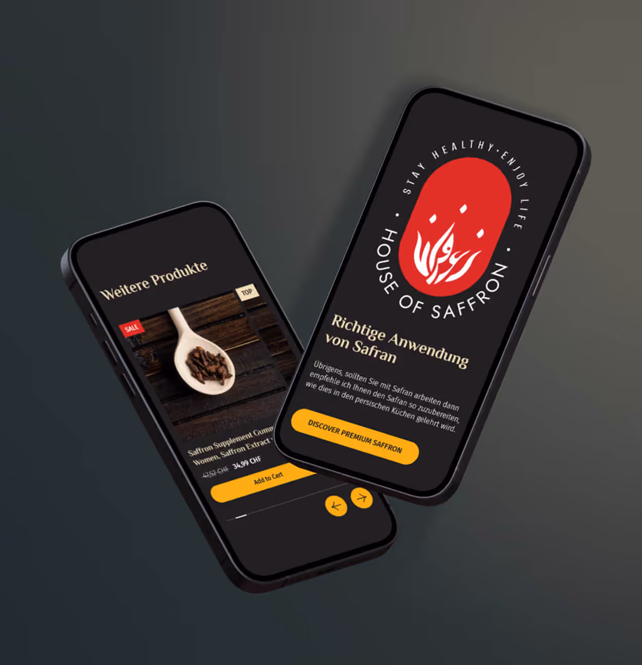 Two smartphones show a saffron app with logo, product details and premium offer.