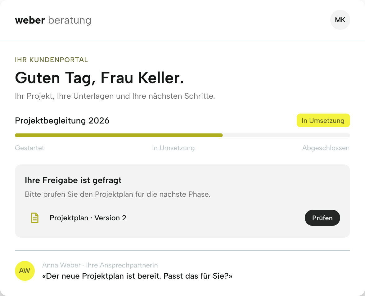Beispielansicht eines Kundenportals: Projektstatus, Freigabe-Anfrage und Nachricht der Ansprechpartnerin