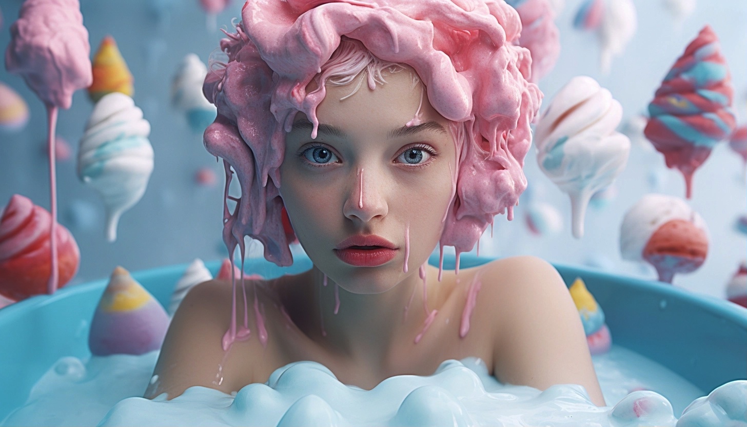Girl taking a bath in a cap of ice cream, milk ice cream style, ultra realistic, bright colors, 8K --ar 7:4 --v 5.2