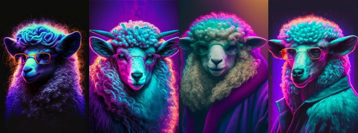 Запрос: A retrowave portrait of a sheep with glasses, — ar 2:3