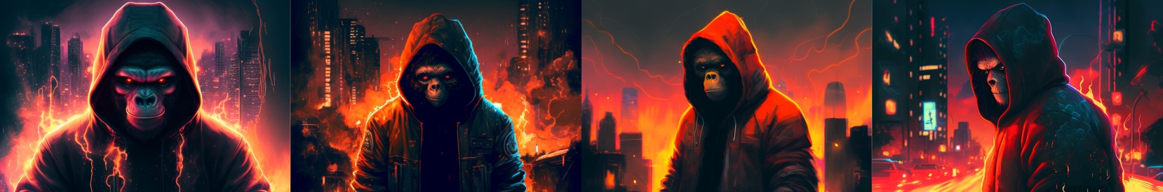 Запрос: An ape wearing a hoodie, looking into the camera, city in flame behind him, retrowave, — ar 3:2