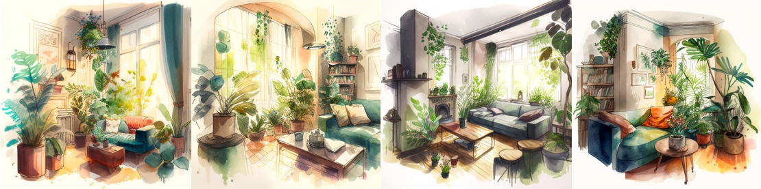 Запрос: Watercolor sketch of a living room with lots of plants