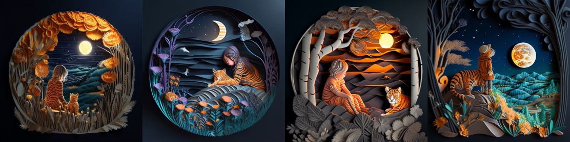 Запрос: Paper quilling, a tiger and a little girl, night mountains, very detailed