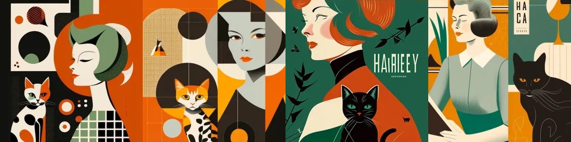 Запрос: An old poster with a woman and a cat, in the style of Charley Harper