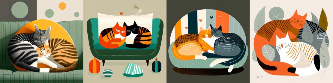 Запрос: 2 cats snuggling with each other on the sofa, in the style of Charley Harper