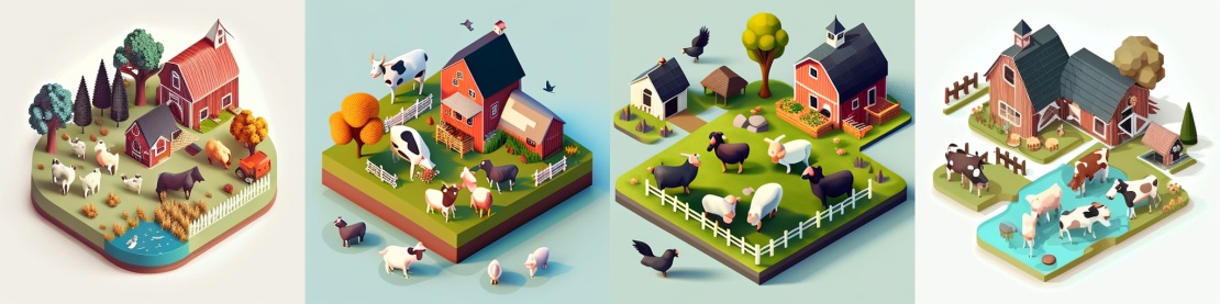 Запрос: A beautiful farm with cows, pigs and chickens, isometric illustration