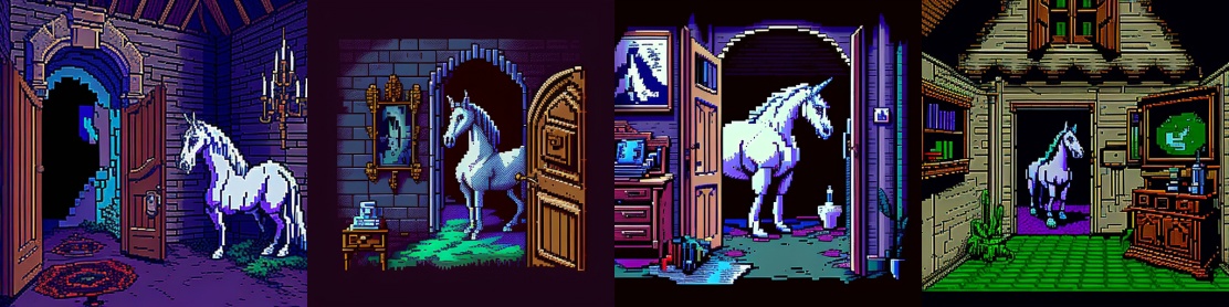 Запрос: A unicorn in a haunted house, 1990s point and click 16bit adventure game, — ar 1:1