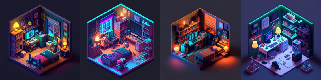 Запрос: A gamer’s room with neon lightings, 32 bit isometric