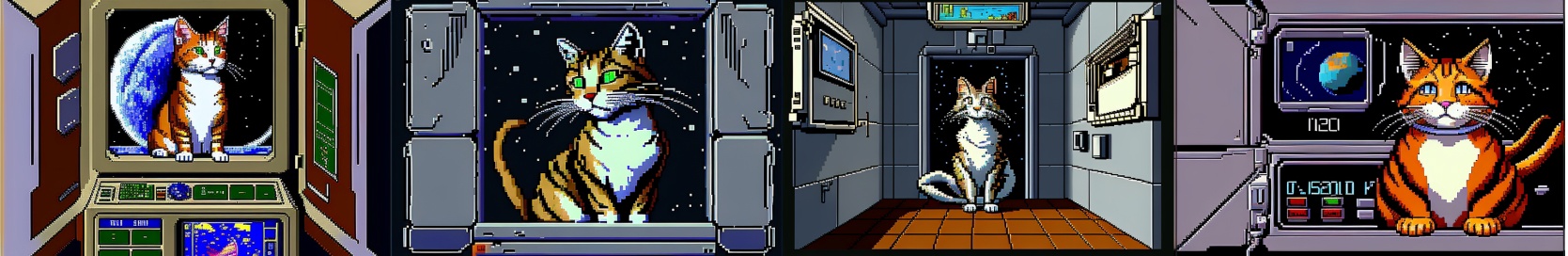 Запрос: A tabby cat in the space, 1990s point and click 16bit adventure game, — ar 3:2