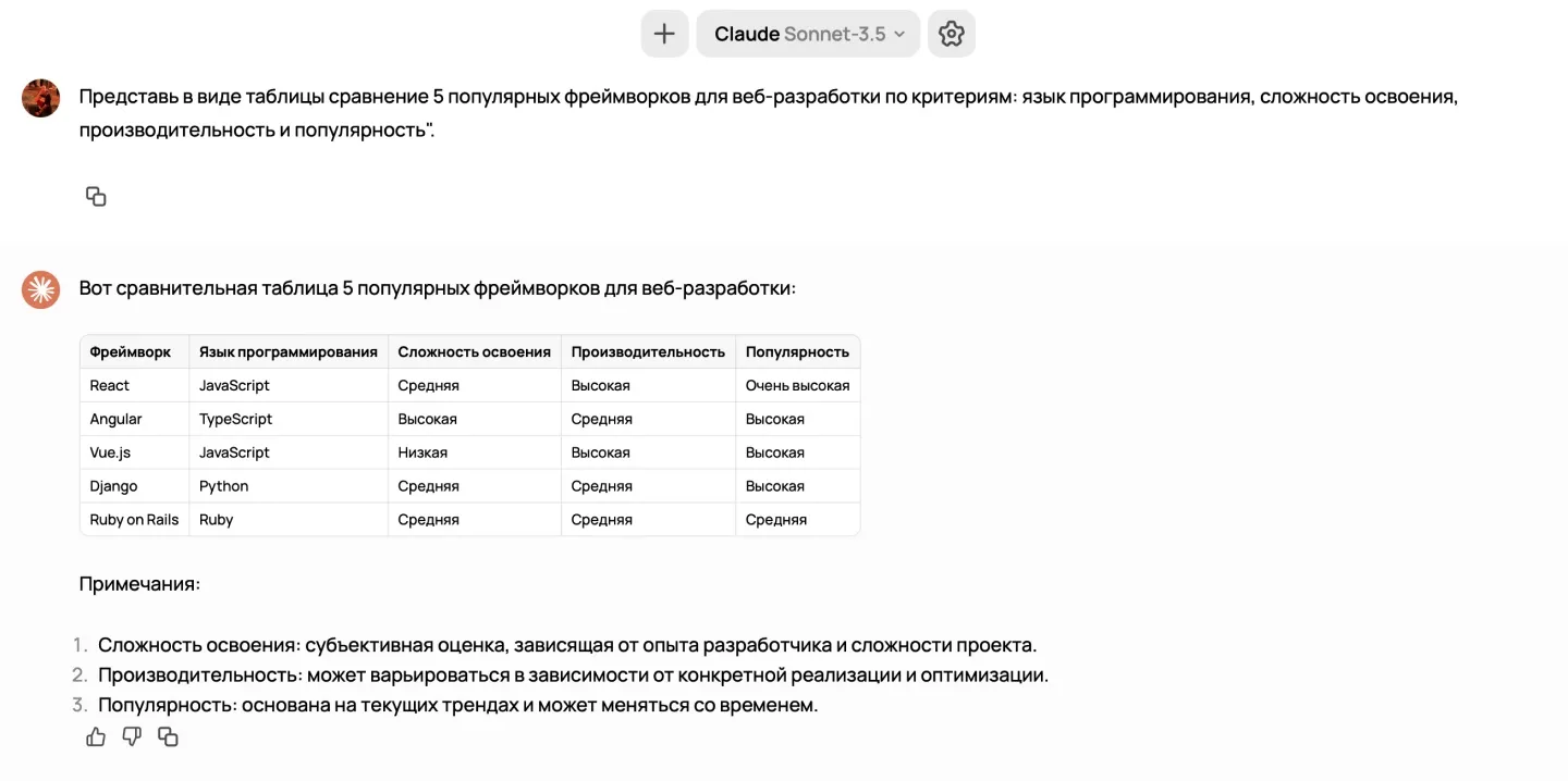 Пример таблицы сравнения