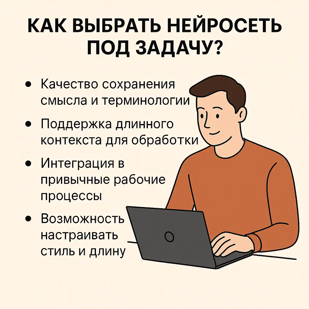 Инфографика «Как выбрать нейросеть под задачу?» — пункты о сохранении смысла, длинном контексте, интеграции в процессы и настройке стиля, рядом иллюстрация человека с ноутбуком.