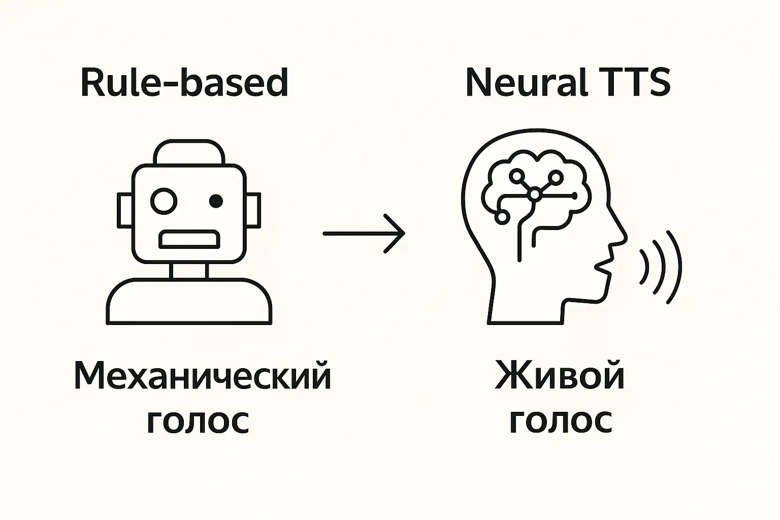 Схема: переход от rule-based механического голоса (иконка робота) к Neural TTS живому голосу (иконка головы с мозговой схемой и звуковыми волнами).