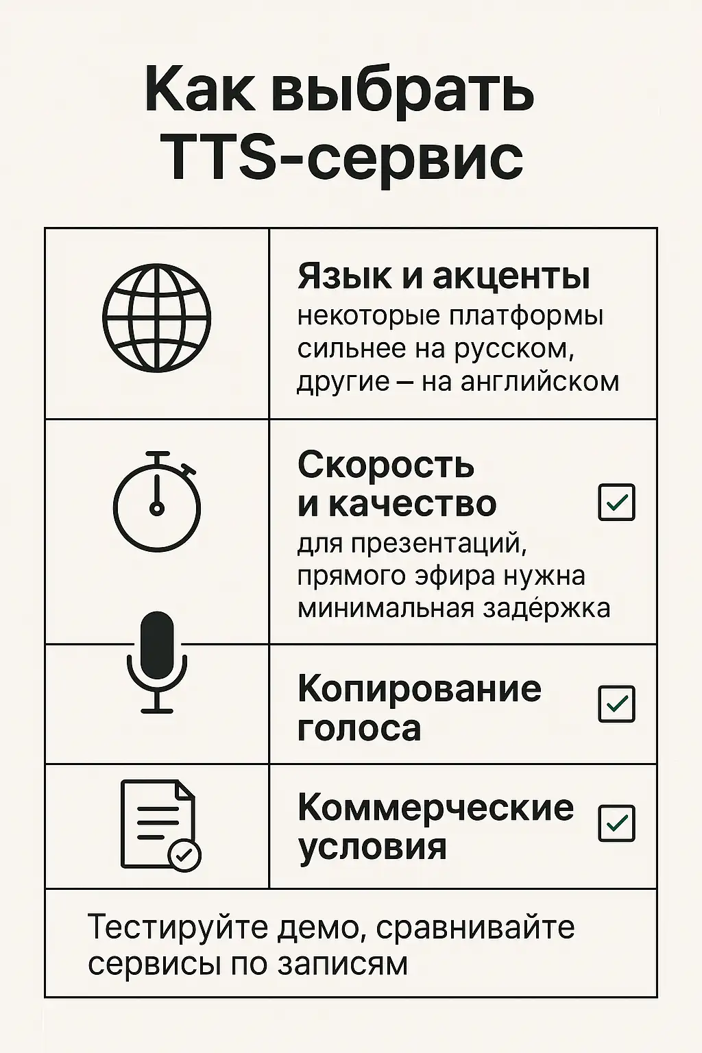 Инфографика «Как выбрать TTS-сервис»: таблица с иконками (глобус, секундомер, микрофон, документ) и критериями — язык и акценты, скорость и качество, копирование голоса, коммерческие условия; внизу совет тестировать демо-записи.