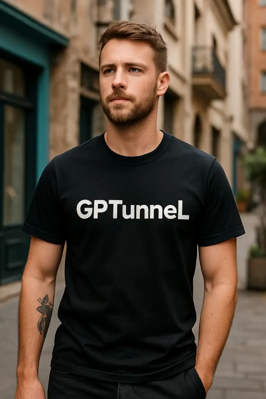 Мужчина в чёрной футболке с белой надписью «GPTunneL» стоит на узкой городской улице, фон слегка размытый.