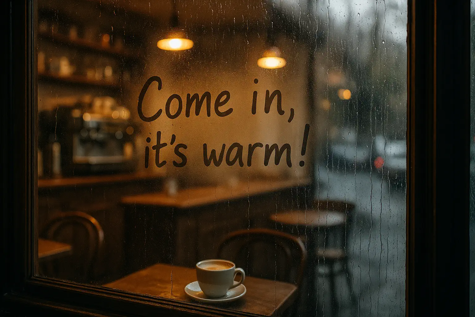Запотевшее окно уютного кафе в дождливый день с надписью «Come in, it’s warm!».
