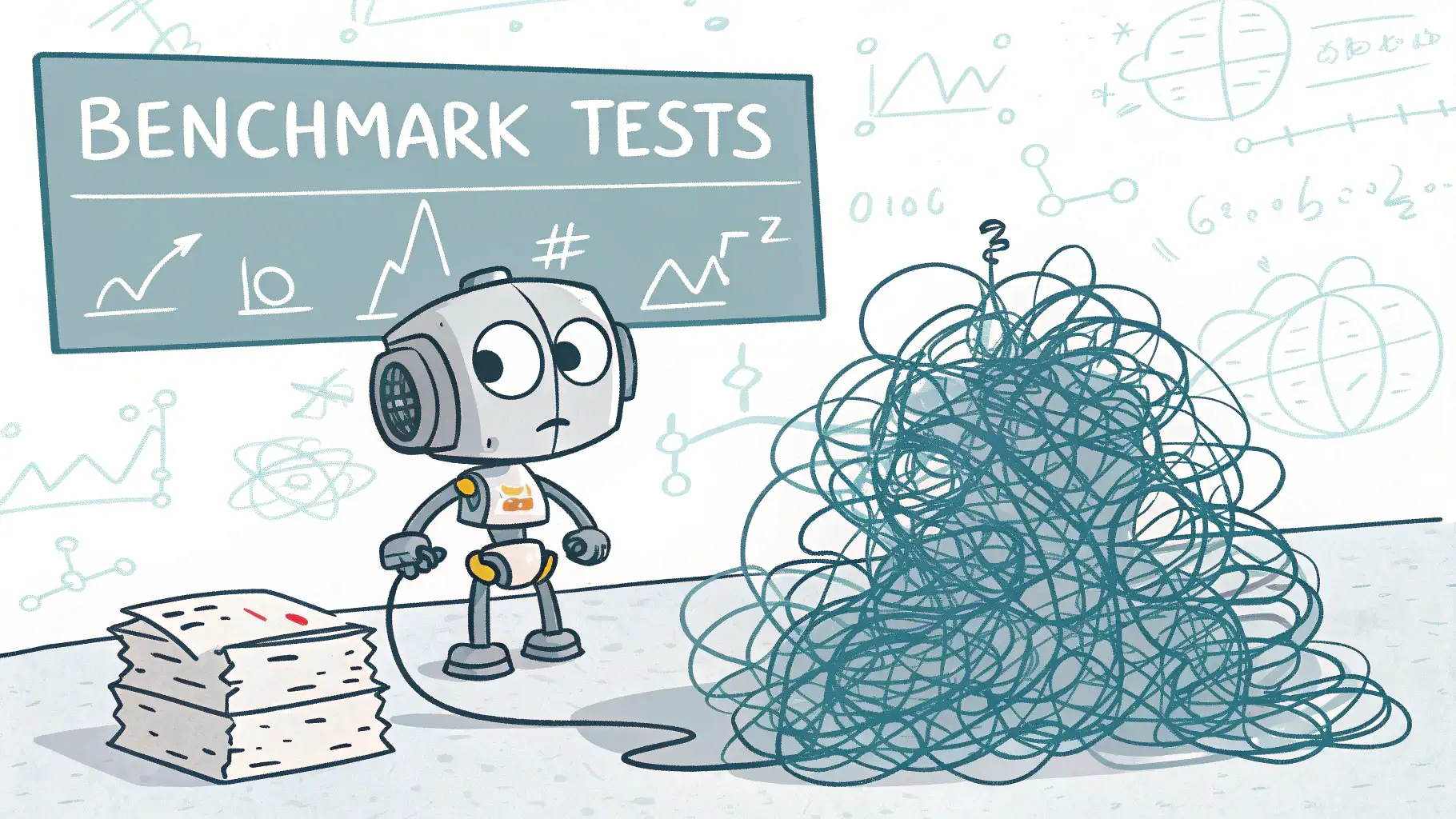 Забавный робот перед клубком хаотичных проводов и доской с надписью «Benchmark Tests».