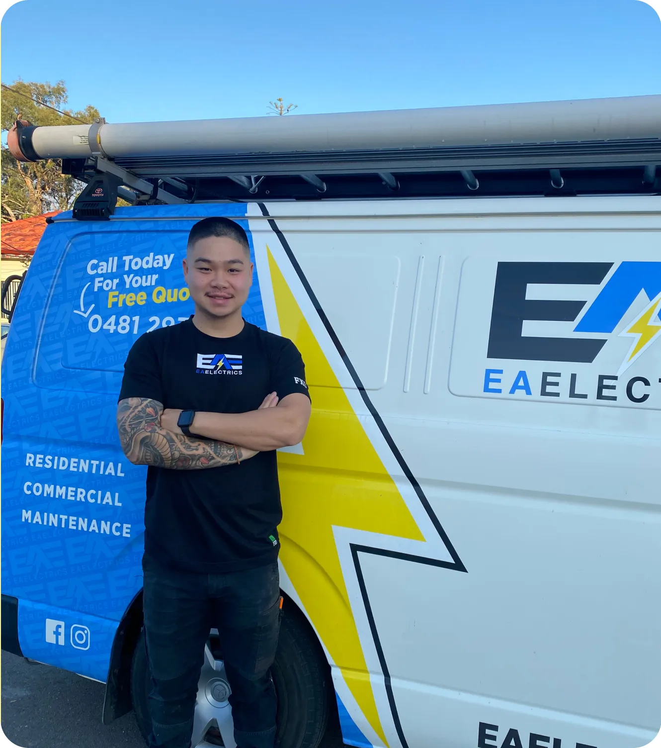 Picture of Patrick from EA Electrics alongside the company van