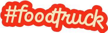 Haštag #foodtruck u bež ručnopisanom fontu, na crvenoj, nepravilnoj pozadinskoj formi.
