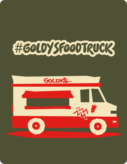 Ilustracija bež i crvenog fуд трaка sa natpisom Goldy’s, a iznad njega haštag #GoldysFoodTruck, na maslinasto zelenoj pozadini.