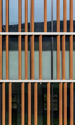 Building facade with vertical wooden slats and horizontal metal bars in front of glass windows.