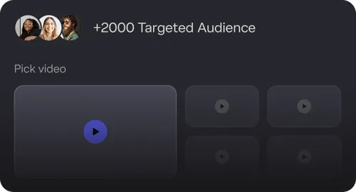 User interface showing three profile pictures, text '+2000 Targeted Audience', and a section labeled 'Pick video' with one large and four smaller video play icons.