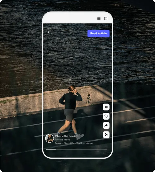 Woman jogging on a path by the water, viewed through a smartphone screen with social media interface elements including profile info, engagement icons, and a 'Read Article' button.