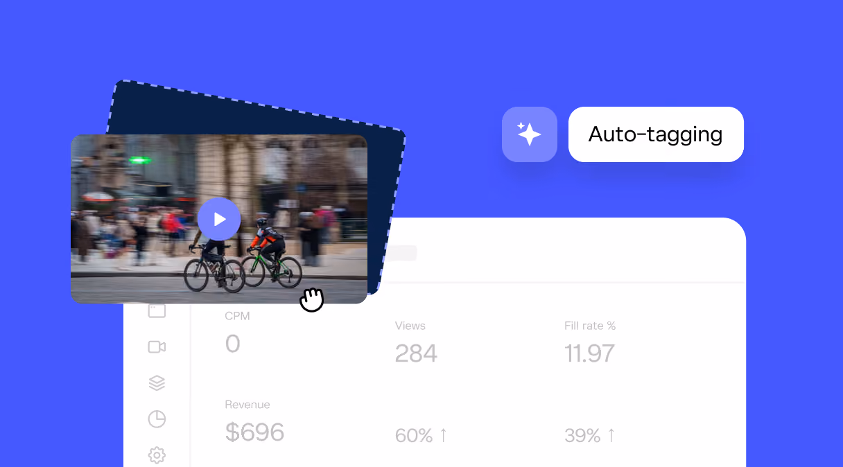 Screenshot of a video player overlay showing two cyclists in motion on a city street with blurred pedestrians, accompanied by an 'Auto-tagging' label on a blue background.