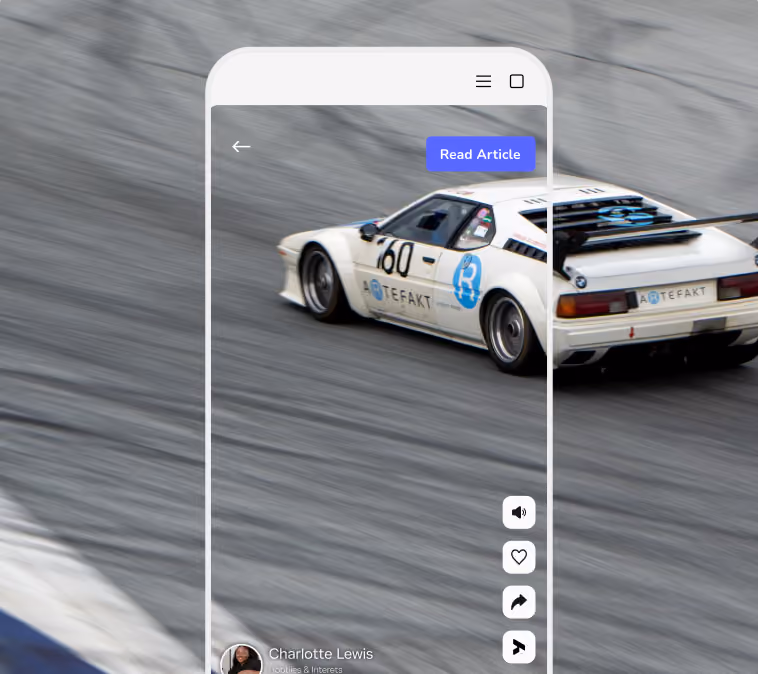 Vintage white race car number 60 drifting on a racetrack with a smartphone screen overlay showing social media icons and a 'Read Article' button.