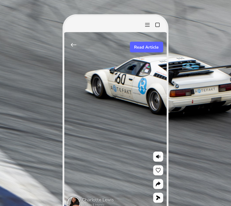 Vintage white race car number 60 drifting on a racetrack with a smartphone screen overlay showing social media icons and a 'Read Article' button.