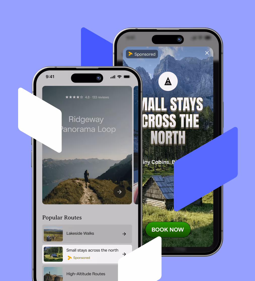 Two smartphones showing hiking routes and an ad for small stays across the north with a book now button.