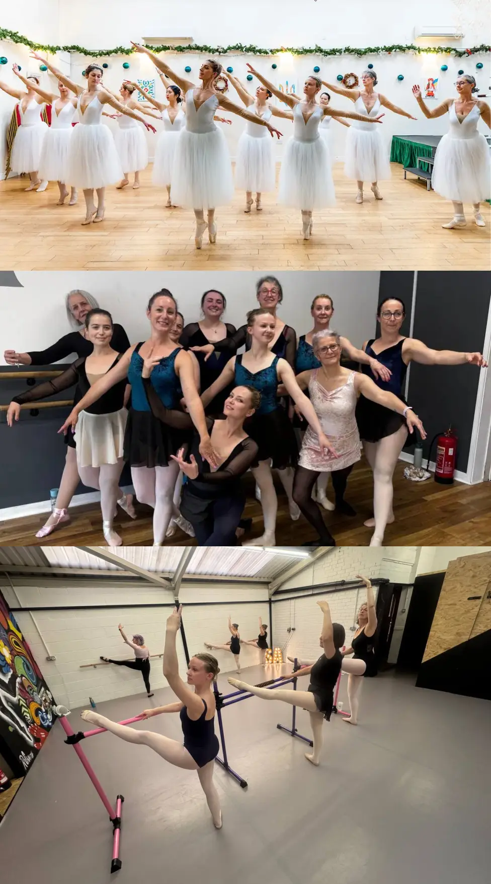 Collage of three images showing groups of ballet dancers practicing; top image with dancers in white tutus, middle image with dancers in black and blue outfits posing, and bottom image with dancers stretching legs on ballet barres.