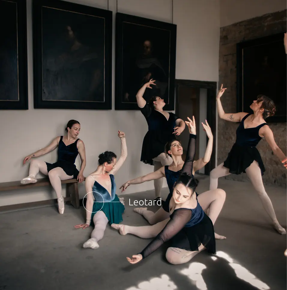 Collage of three images showing groups of ballet dancers practicing; top image with dancers in white tutus, middle image with dancers in black and blue outfits posing, and bottom image with dancers stretching legs on ballet barres.