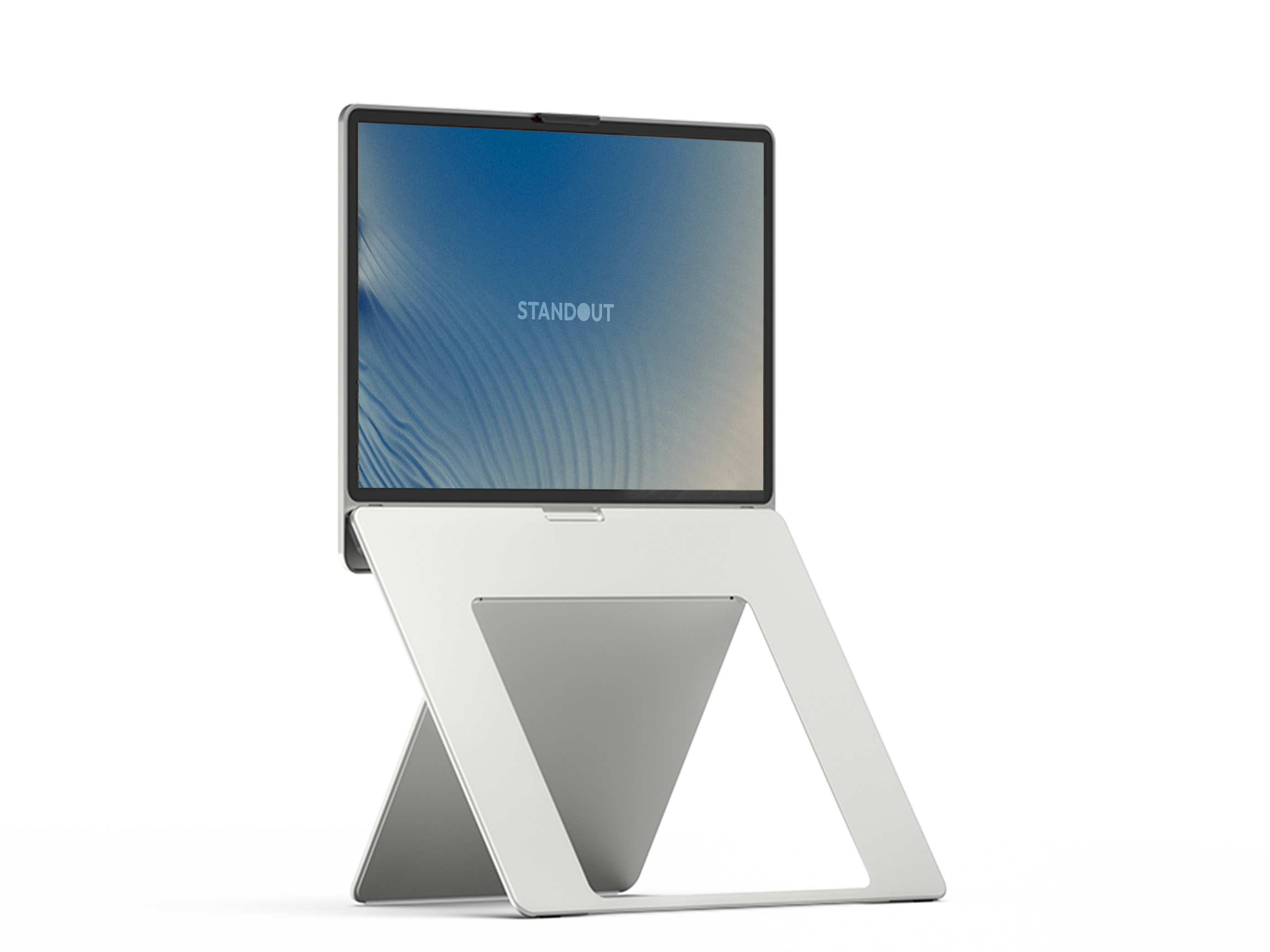Standout portable monitor in open position showing 4K display and integrated aluminum kickstand.