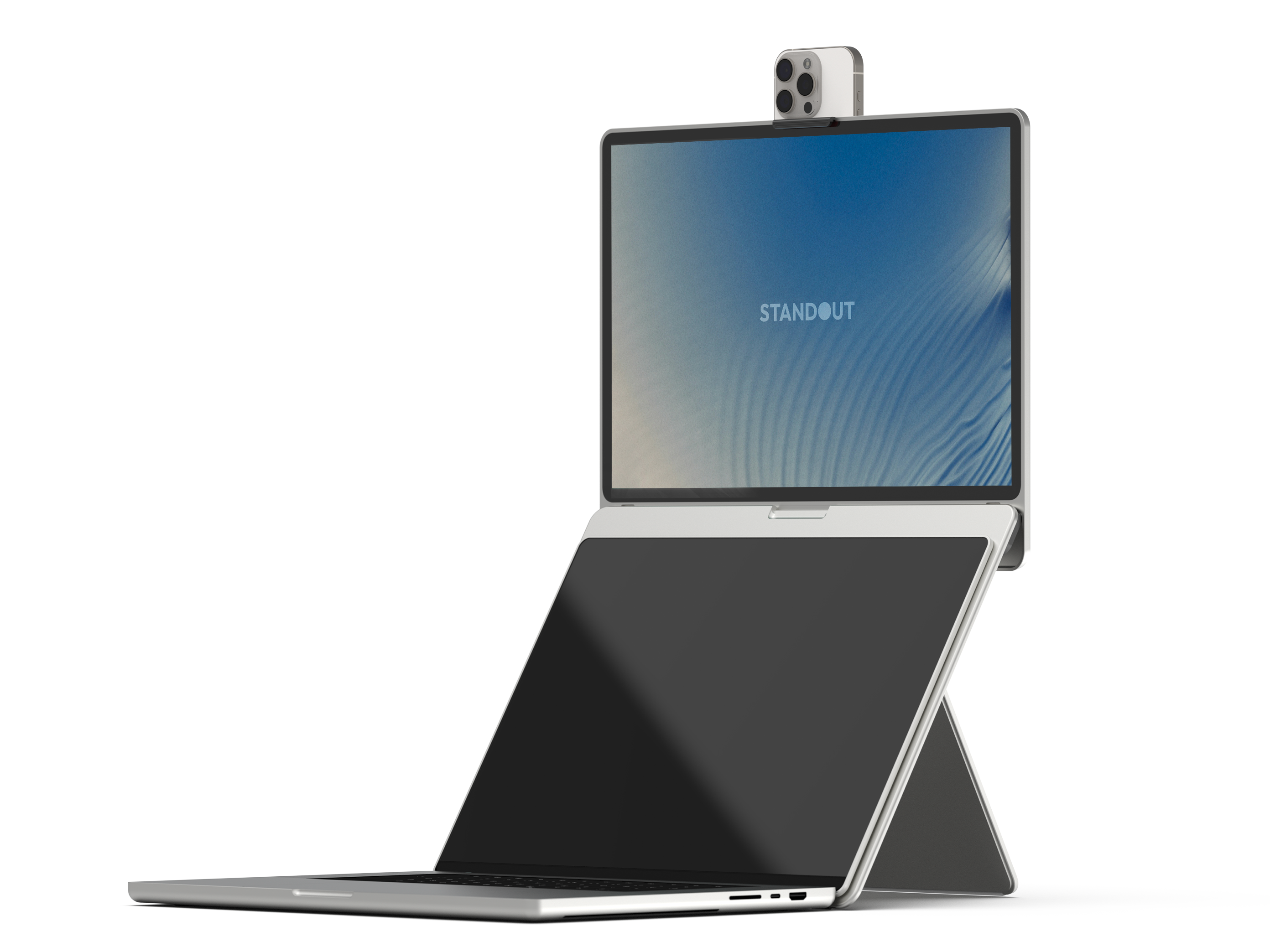 Standout portable monitor connected to MacBook with iPhone attached on top, using iPhone camera for video calls.