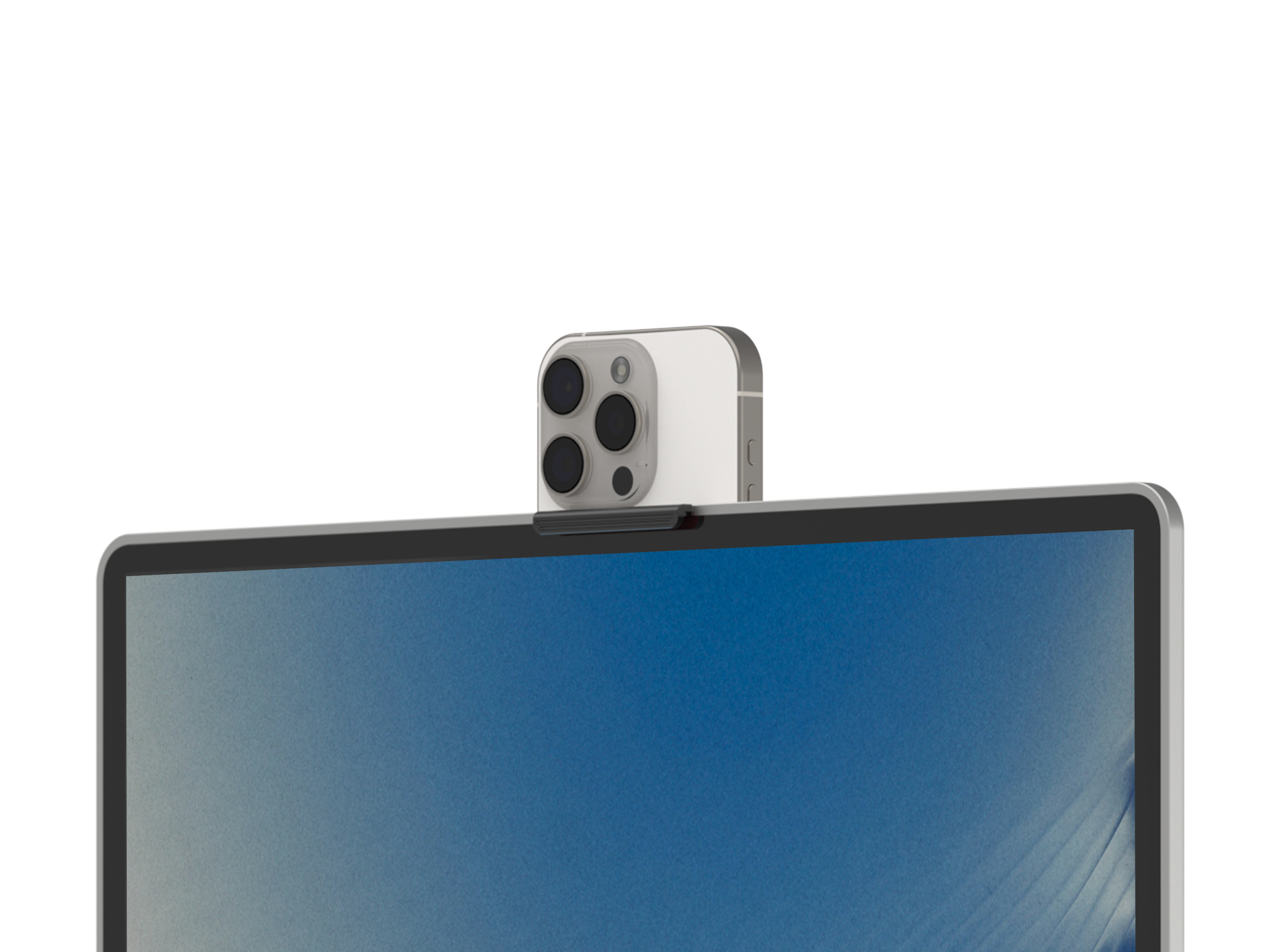 Standout  portable monitor with iPhone attached on top, using iPhone camera for video calls.