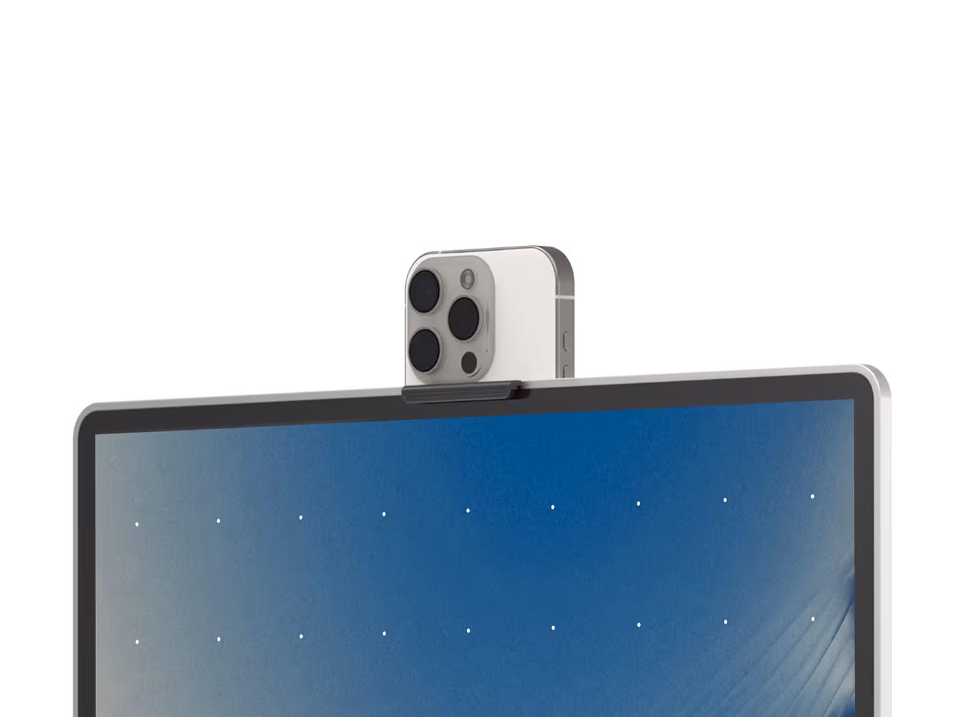 Standout  portable monitor with iPhone attached on top, using iPhone camera for video calls.